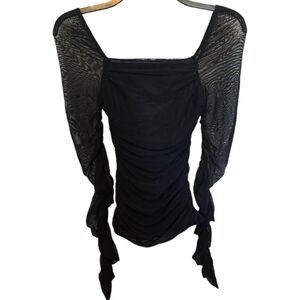3/$15 Shein Black Ruched Blouse with Mesh Sleeves Size XS